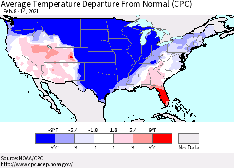 United States Average Temperature Departure From Normal (CPC) Thematic Map For 2/8/2021 - 2/14/2021