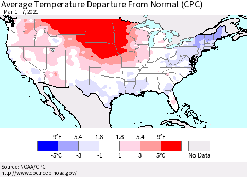 United States Average Temperature Departure From Normal (CPC) Thematic Map For 3/1/2021 - 3/7/2021