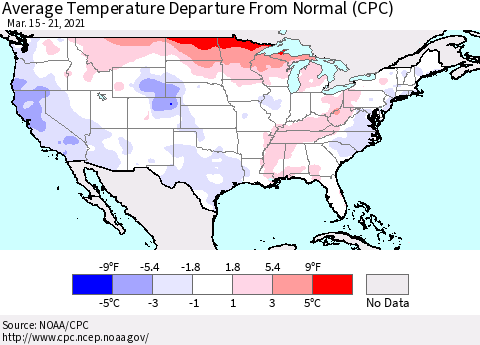 United States Average Temperature Departure from Normal (CPC) Thematic Map For 3/15/2021 - 3/21/2021