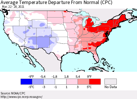 United States Average Temperature Departure from Normal (CPC) Thematic Map For 3/22/2021 - 3/28/2021