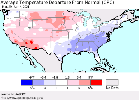 United States Average Temperature Departure From Normal (CPC) Thematic Map For 3/29/2021 - 4/4/2021