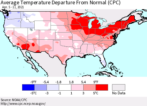 United States Average Temperature Departure From Normal (CPC) Thematic Map For 4/5/2021 - 4/11/2021