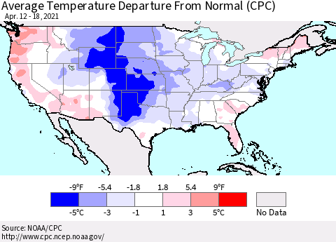 United States Average Temperature Departure from Normal (CPC) Thematic Map For 4/12/2021 - 4/18/2021