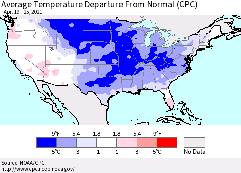 United States Average Temperature Departure From Normal (CPC) Thematic Map For 4/19/2021 - 4/25/2021