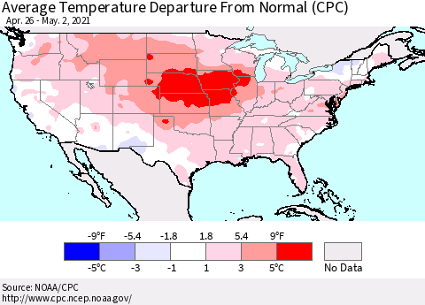 United States Average Temperature Departure From Normal (CPC) Thematic Map For 4/26/2021 - 5/2/2021