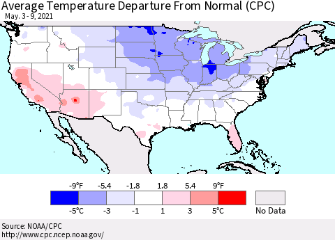 United States Average Temperature Departure from Normal (CPC) Thematic Map For 5/3/2021 - 5/9/2021