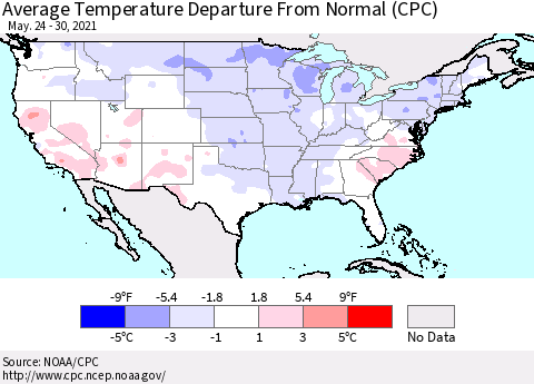 United States Average Temperature Departure From Normal (CPC) Thematic Map For 5/24/2021 - 5/30/2021