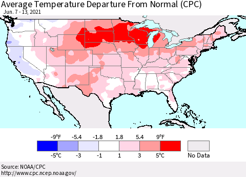 United States Average Temperature Departure From Normal (CPC) Thematic Map For 6/7/2021 - 6/13/2021