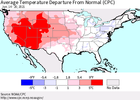United States Average Temperature Departure from Normal (CPC) Thematic Map For 6/14/2021 - 6/20/2021