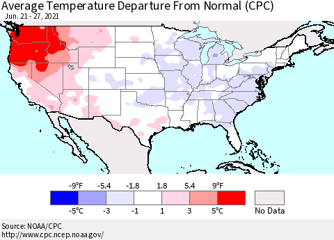 United States Average Temperature Departure From Normal (CPC) Thematic Map For 6/21/2021 - 6/27/2021