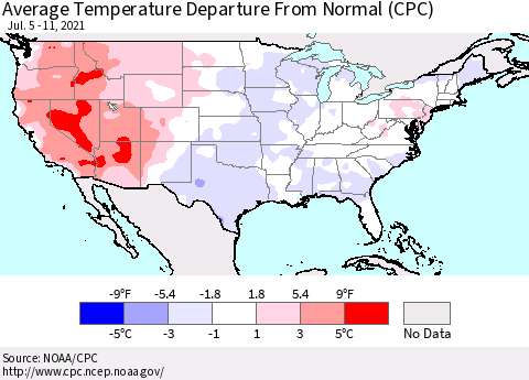 United States Average Temperature Departure From Normal (CPC) Thematic Map For 7/5/2021 - 7/11/2021