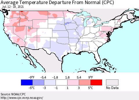 United States Average Temperature Departure From Normal (CPC) Thematic Map For 7/12/2021 - 7/18/2021