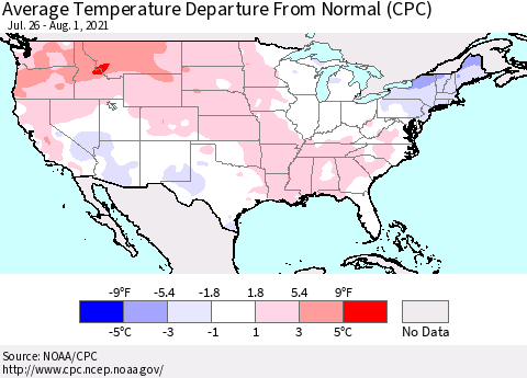 United States Average Temperature Departure From Normal (CPC) Thematic Map For 7/26/2021 - 8/1/2021