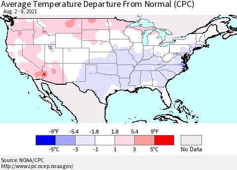 United States Average Temperature Departure From Normal (CPC) Thematic Map For 8/2/2021 - 8/8/2021