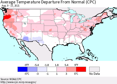 United States Average Temperature Departure From Normal (CPC) Thematic Map For 8/9/2021 - 8/15/2021
