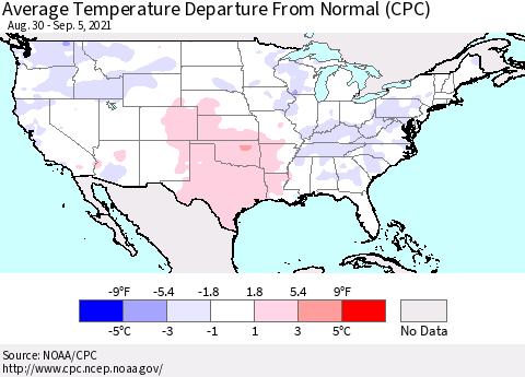 United States Average Temperature Departure From Normal (CPC) Thematic Map For 8/30/2021 - 9/5/2021