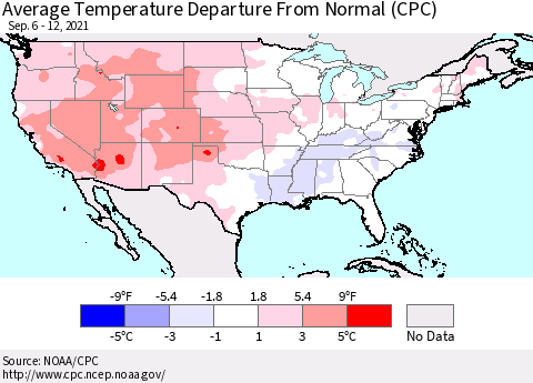 United States Average Temperature Departure From Normal (CPC) Thematic Map For 9/6/2021 - 9/12/2021