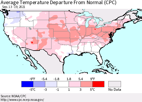 United States Average Temperature Departure from Normal (CPC) Thematic Map For 9/13/2021 - 9/19/2021