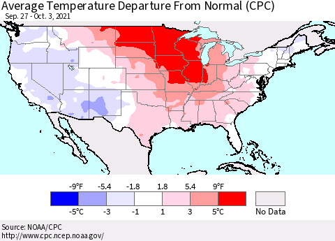 United States Average Temperature Departure from Normal (CPC) Thematic Map For 9/27/2021 - 10/3/2021
