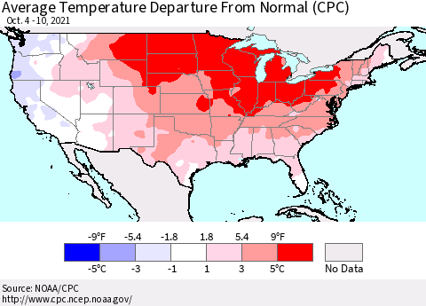 United States Average Temperature Departure from Normal (CPC) Thematic Map For 10/4/2021 - 10/10/2021