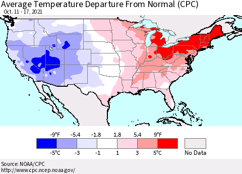 United States Average Temperature Departure from Normal (CPC) Thematic Map For 10/11/2021 - 10/17/2021