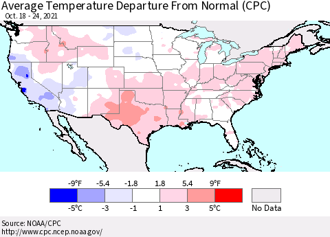 United States Average Temperature Departure from Normal (CPC) Thematic Map For 10/18/2021 - 10/24/2021