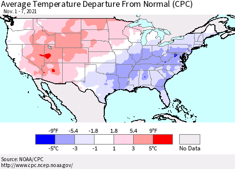 United States Average Temperature Departure from Normal (CPC) Thematic Map For 11/1/2021 - 11/7/2021