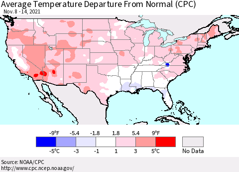 United States Average Temperature Departure from Normal (CPC) Thematic Map For 11/8/2021 - 11/14/2021
