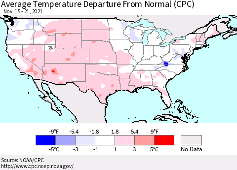 United States Average Temperature Departure from Normal (CPC) Thematic Map For 11/15/2021 - 11/21/2021