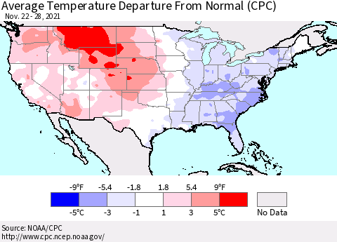 United States Average Temperature Departure from Normal (CPC) Thematic Map For 11/22/2021 - 11/28/2021