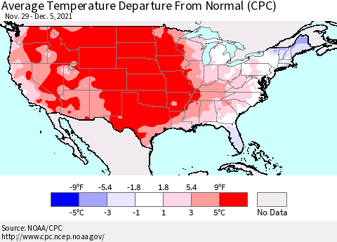 United States Average Temperature Departure from Normal (CPC) Thematic Map For 11/29/2021 - 12/5/2021