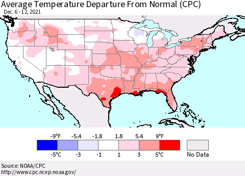 United States Average Temperature Departure from Normal (CPC) Thematic Map For 12/6/2021 - 12/12/2021