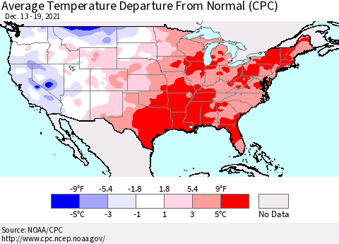 United States Average Temperature Departure from Normal (CPC) Thematic Map For 12/13/2021 - 12/19/2021