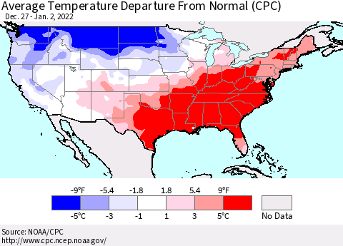 United States Average Temperature Departure from Normal (CPC) Thematic Map For 12/27/2021 - 1/2/2022