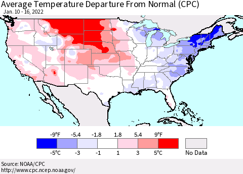 United States Average Temperature Departure from Normal (CPC) Thematic Map For 1/10/2022 - 1/16/2022