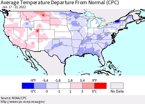 United States Average Temperature Departure from Normal (CPC) Thematic Map For 1/17/2022 - 1/23/2022