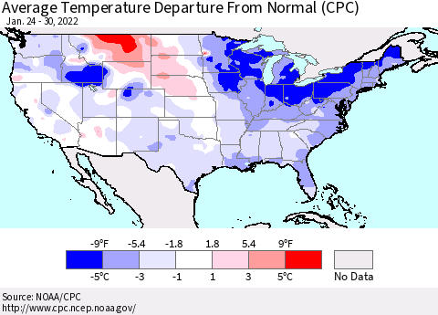 United States Average Temperature Departure from Normal (CPC) Thematic Map For 1/24/2022 - 1/30/2022