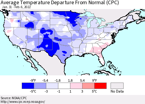 United States Average Temperature Departure from Normal (CPC) Thematic Map For 1/31/2022 - 2/6/2022