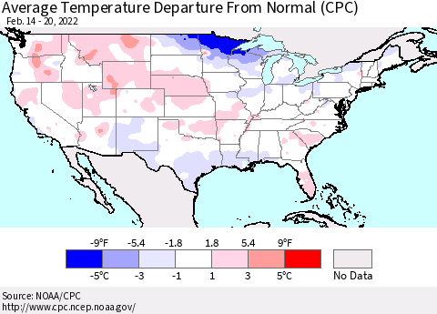 United States Average Temperature Departure from Normal (CPC) Thematic Map For 2/14/2022 - 2/20/2022