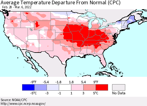 United States Average Temperature Departure from Normal (CPC) Thematic Map For 2/28/2022 - 3/6/2022