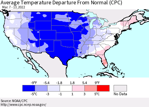 United States Average Temperature Departure from Normal (CPC) Thematic Map For 3/7/2022 - 3/13/2022
