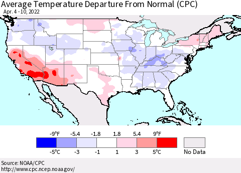 United States Average Temperature Departure from Normal (CPC) Thematic Map For 4/4/2022 - 4/10/2022
