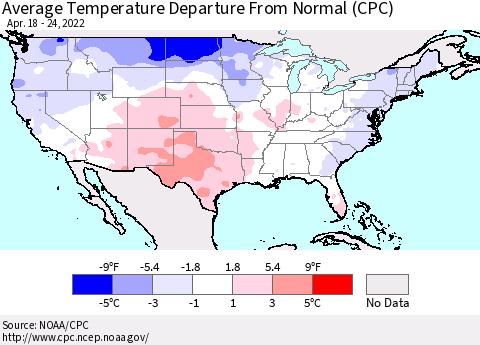 United States Average Temperature Departure from Normal (CPC) Thematic Map For 4/18/2022 - 4/24/2022