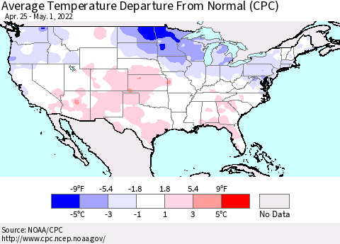 United States Average Temperature Departure from Normal (CPC) Thematic Map For 4/25/2022 - 5/1/2022