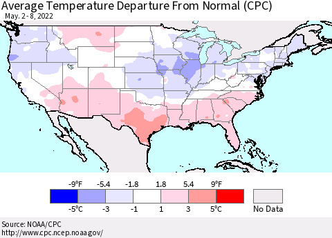 United States Average Temperature Departure from Normal (CPC) Thematic Map For 5/2/2022 - 5/8/2022