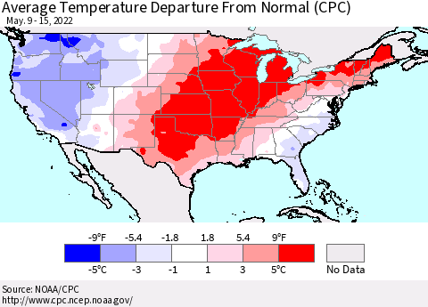 United States Average Temperature Departure from Normal (CPC) Thematic Map For 5/9/2022 - 5/15/2022