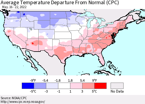 United States Average Temperature Departure from Normal (CPC) Thematic Map For 5/16/2022 - 5/22/2022