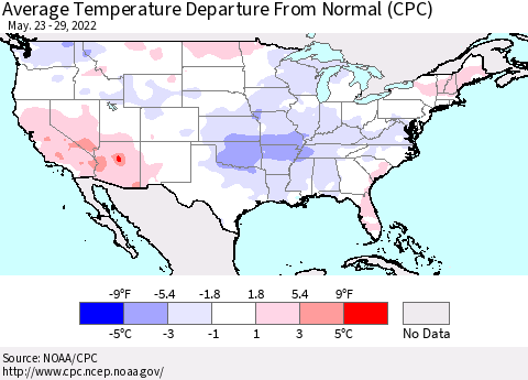 United States Average Temperature Departure from Normal (CPC) Thematic Map For 5/23/2022 - 5/29/2022