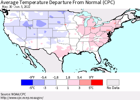 United States Average Temperature Departure from Normal (CPC) Thematic Map For 5/30/2022 - 6/5/2022