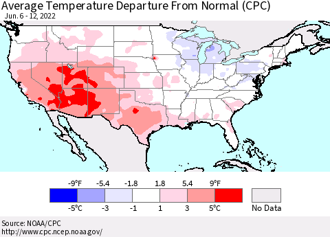 United States Average Temperature Departure from Normal (CPC) Thematic Map For 6/6/2022 - 6/12/2022